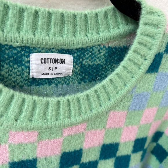 COTTON ON green pink blue checkered boxy cropped sweater - sz S - cozy, crewneck - Picture 3 of 10